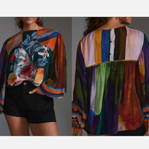 Blank London Tops - Blank London Anthropologie Miranda Peasant Blouse Striped Artsy Floral Boho XS